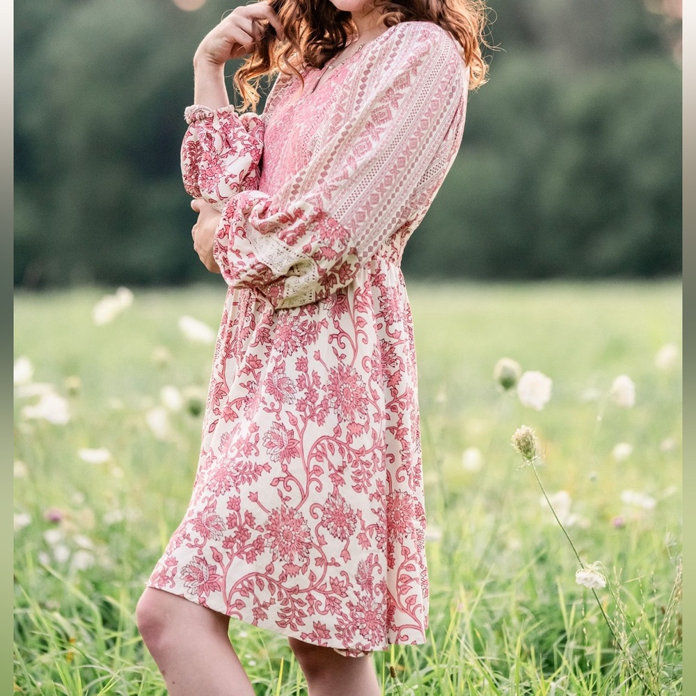 Sincerely Jules Boho Peasant Style Babydoll dress long Ballon Sleeves Sz M